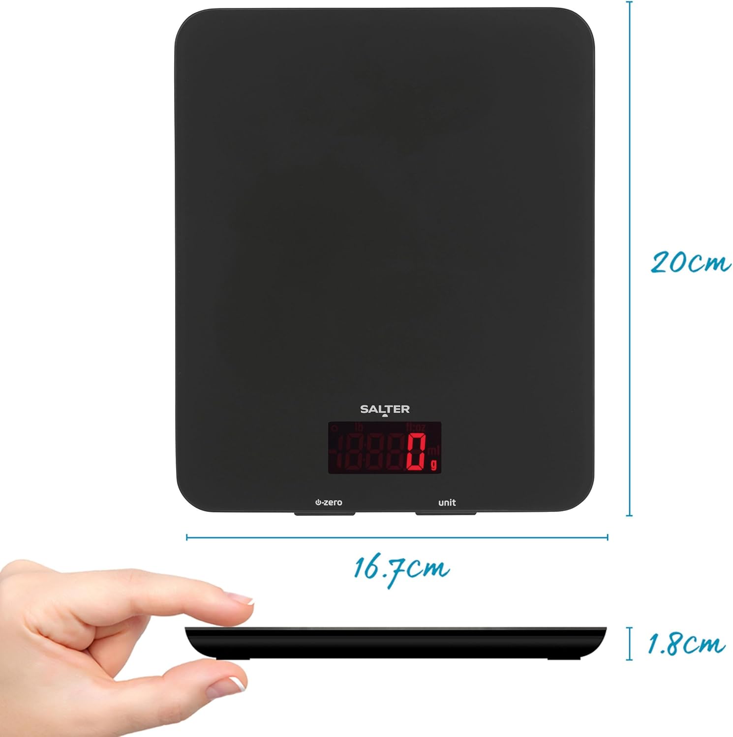 1150 BKDR Digital Kitchen Scales, Stylish Glass Design, Cooking Scale for Home/Kitchen, Measures Liquids & Fluids, Metric/Imperial, Add & Weigh Function, Red Easy Read Display, Black
