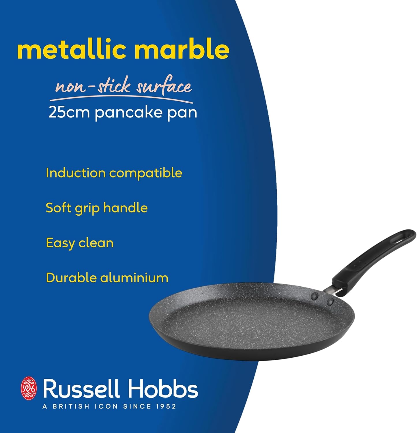 Metallic Marble Pancake Pan - 25cm Crepe Frying Pan, 9.8" Non-Stick Flat Skillet Griddle, Suitable for Induction Hobs, Soft Grip Handle, Durable Forged Aluminium, Easy Clean