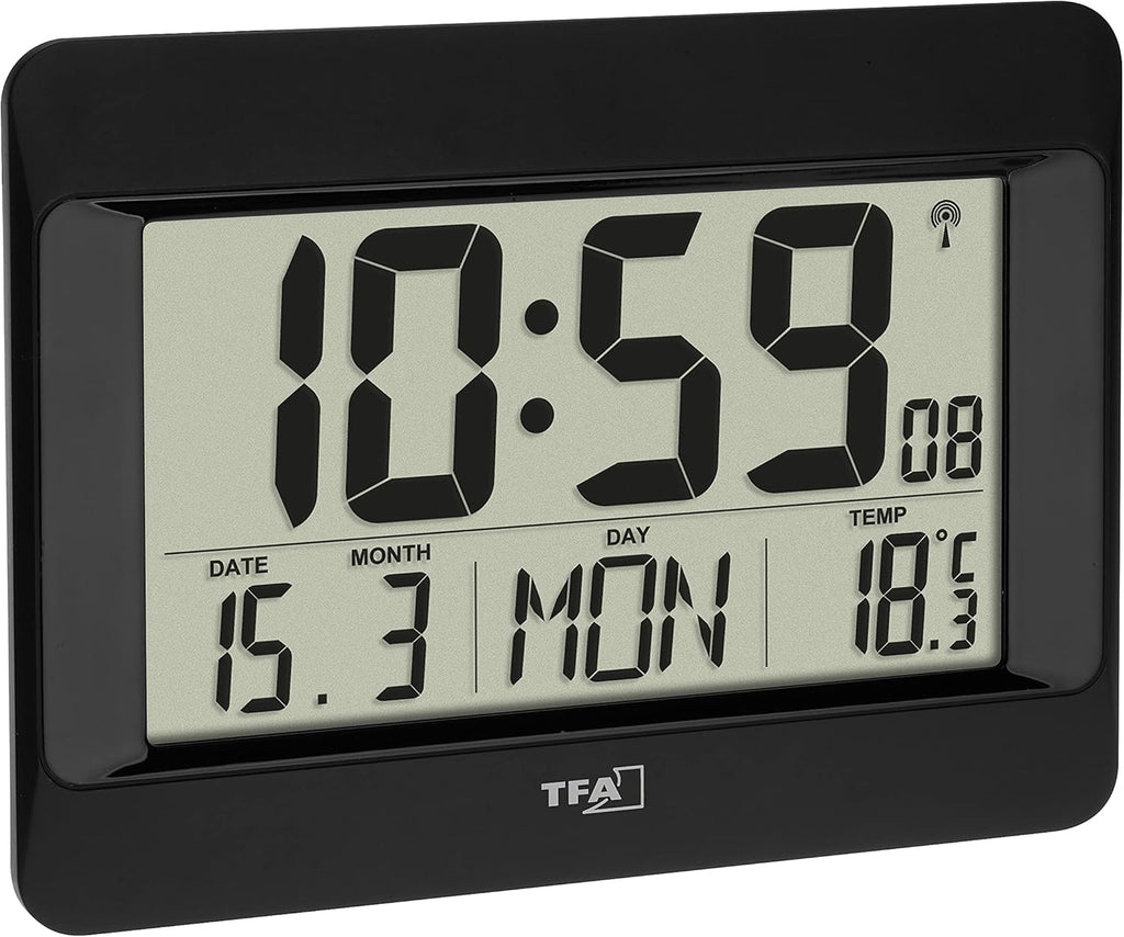 Dostmann Digital Wall Clock, 60.4519.01, Radio-Controlled Clock with Indoor Temperature, Day of the Week (8 Languages), Date, Time Zone Setting, Black, Plastic, (L) 215 x (W) 160 x (H) 26 (68) mm