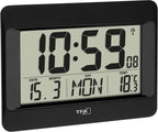 Dostmann Digital Wall Clock, 60.4519.01, Radio-Controlled Clock with Indoor Temperature, Day of the Week (8 Languages), Date, Time Zone Setting, Black, Plastic, (L) 215 x (W) 160 x (H) 26 (68) mm