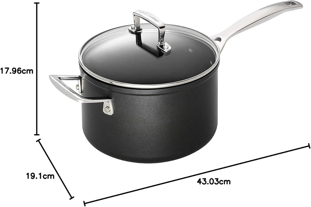 Toughened Non-Stick 18x11.1cm Saucepan with Helper Handle and Glass Lid, Aluminium, 51108180010302, Black