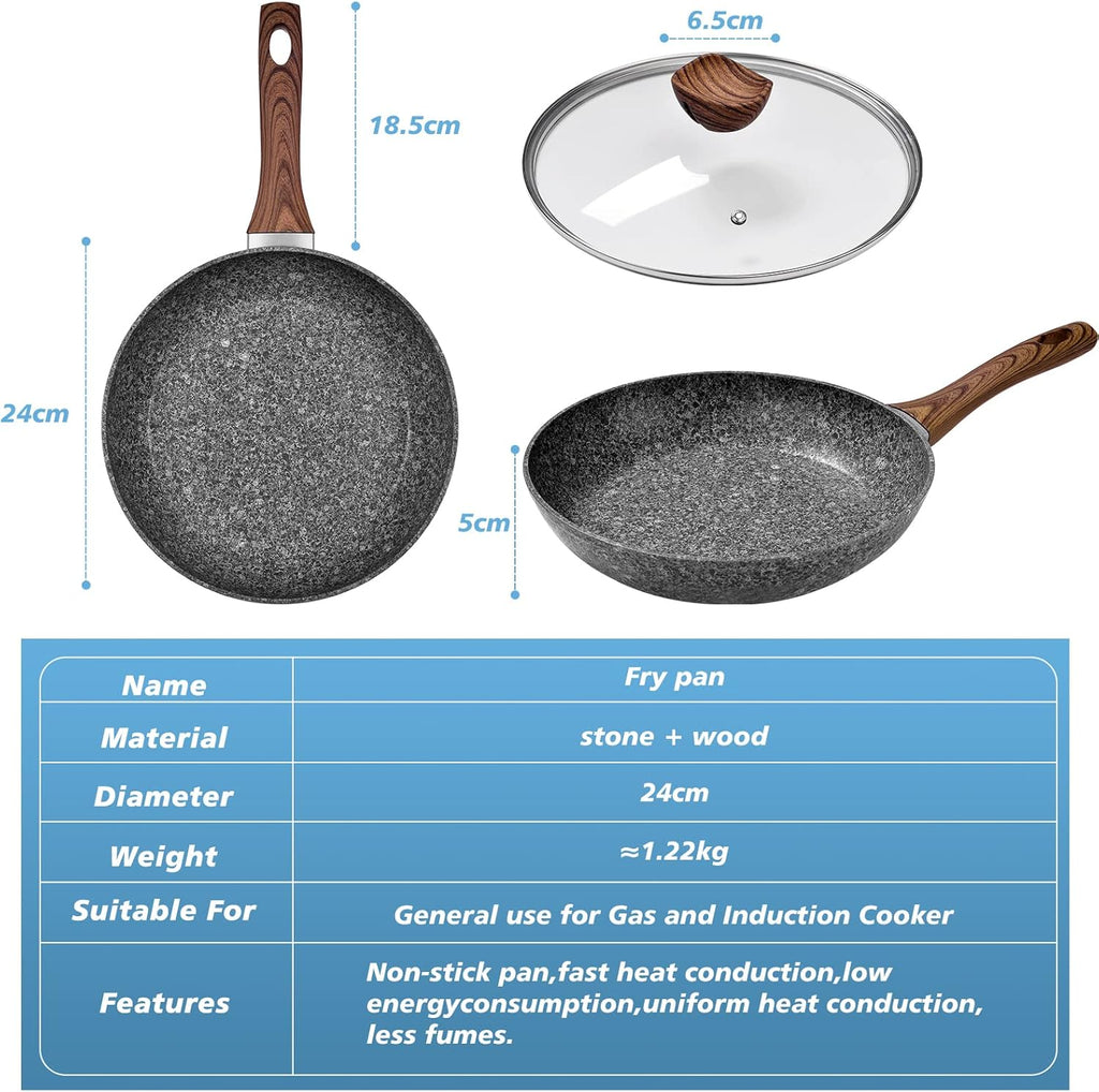 24CM Frying Pan with Lid, Granite Nonstick Frying Pans with Lid, Stone Frying Pan, Induction Compatible (24CM)
