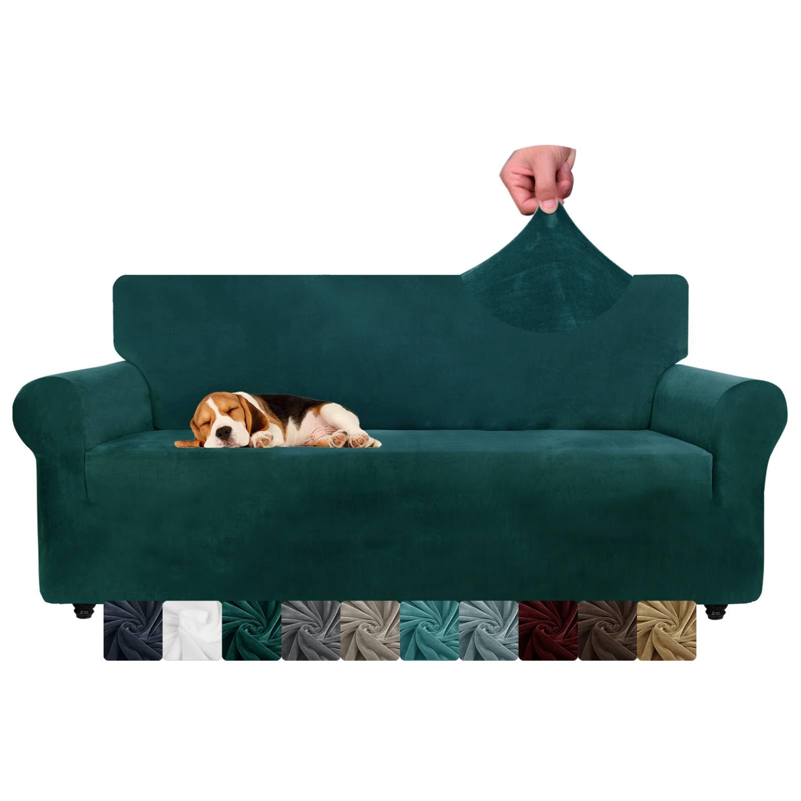 Velvet Couch Covers 3 Seater Thick Stretch Sofa Covers for Dogs Pets Non-Slip Sofa Slipcover Washable Furniture Protector for Living Room (3 Seater, Blackish Green)