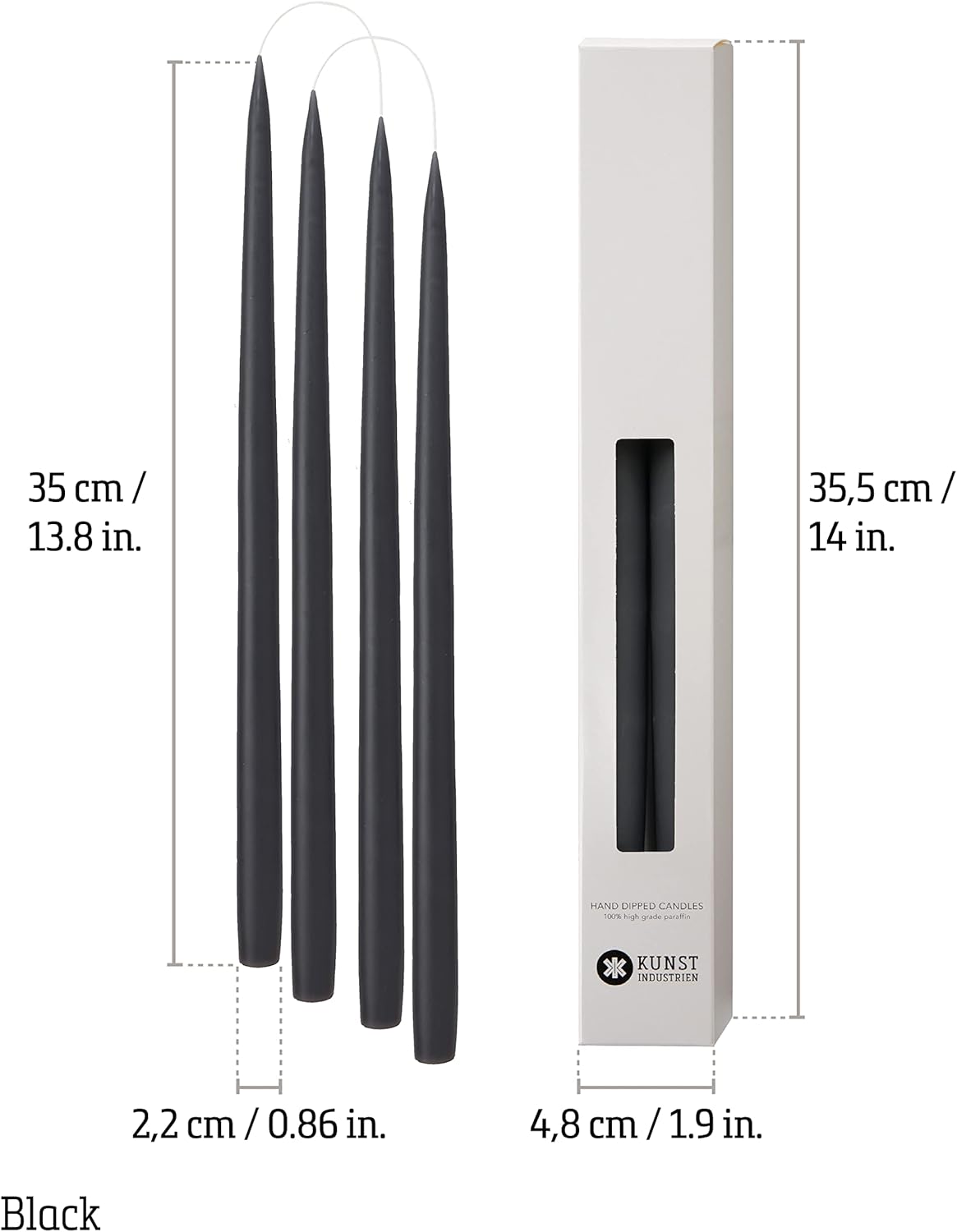 ® Tapered Candles, Made in Denmark, 42 Colours Available, Dripless & Smokeless Dinner Candles, Solid Candles Long Burning 15 Hours, Unscented Candle Gift Set, 4pcs. 2.2 x 35cm (Black)