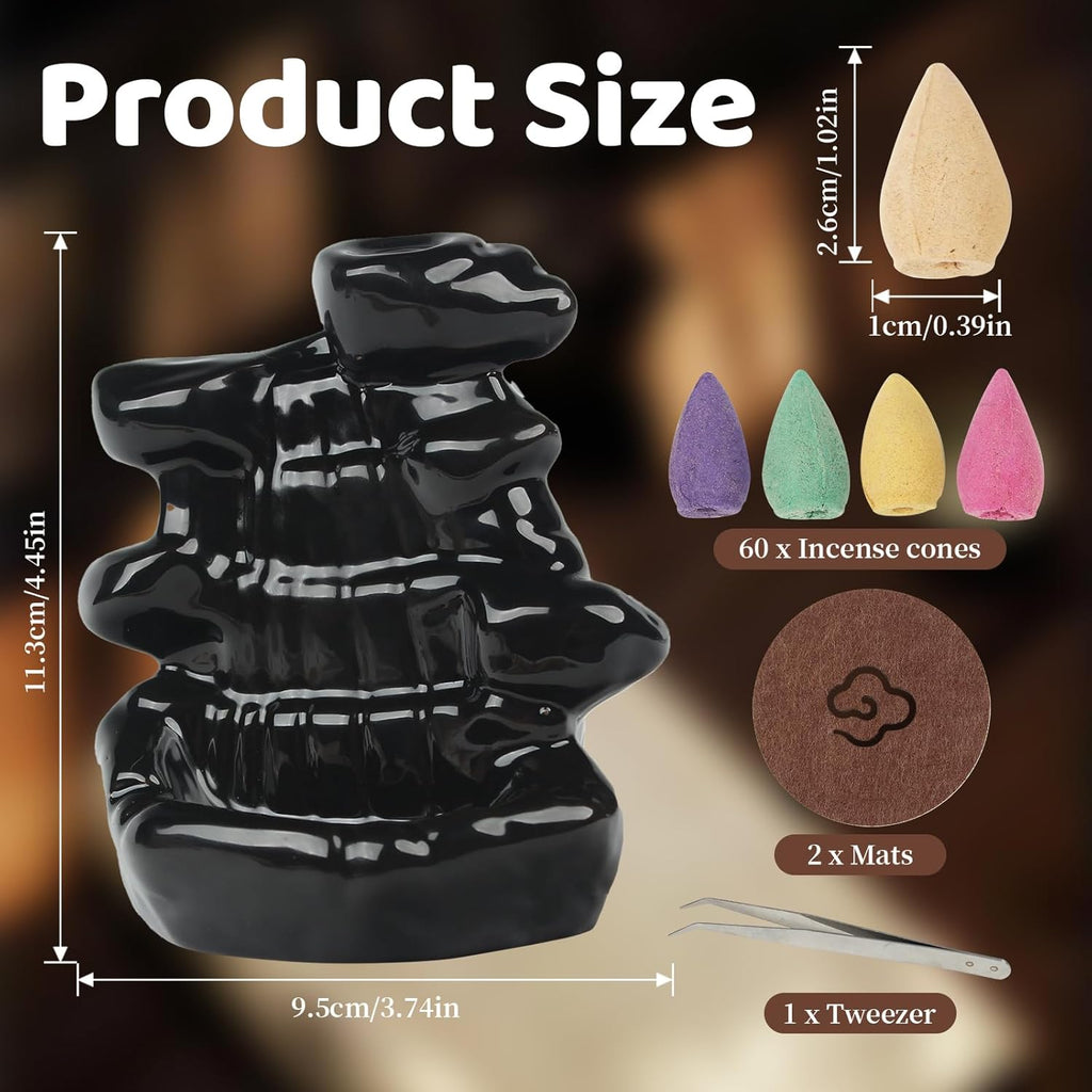 Waterfall Backflow Incense Burner, Ceramic Incense Cone Holder with 60 Cones, Tongs and Table Mat, Home Decor for Meditation, Relaxation, Purification, Yoga Gifts