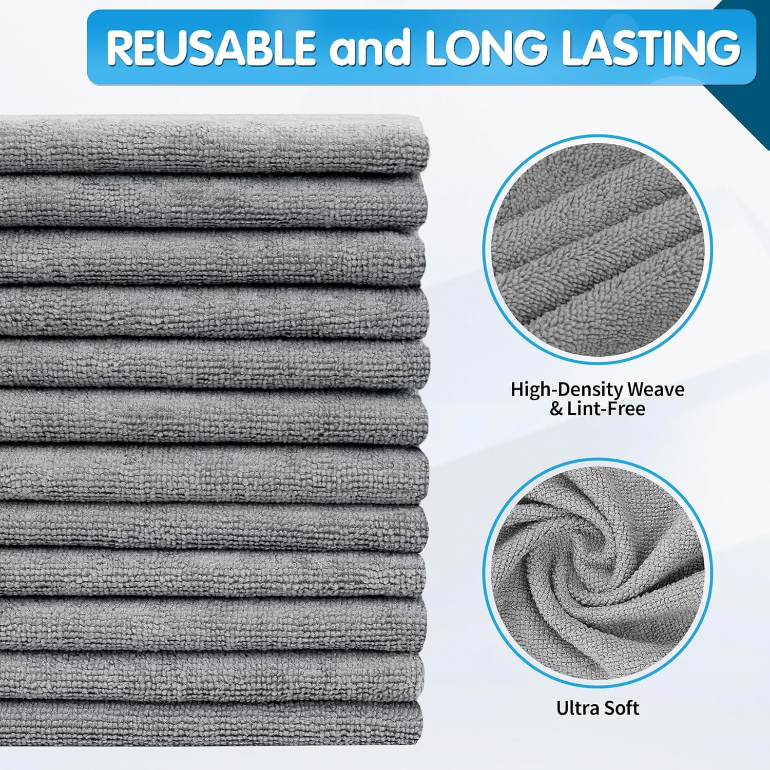 FIXSMITH Grey Microfibre Cleaning Cloth -Pack of 50, 16"X12" Cleaning Rags for Housekeeping and Kitchen, Reusable Shop Towels for Car, Lint Free, Scratch-Free, Highly Absorbent Microfibre Towels