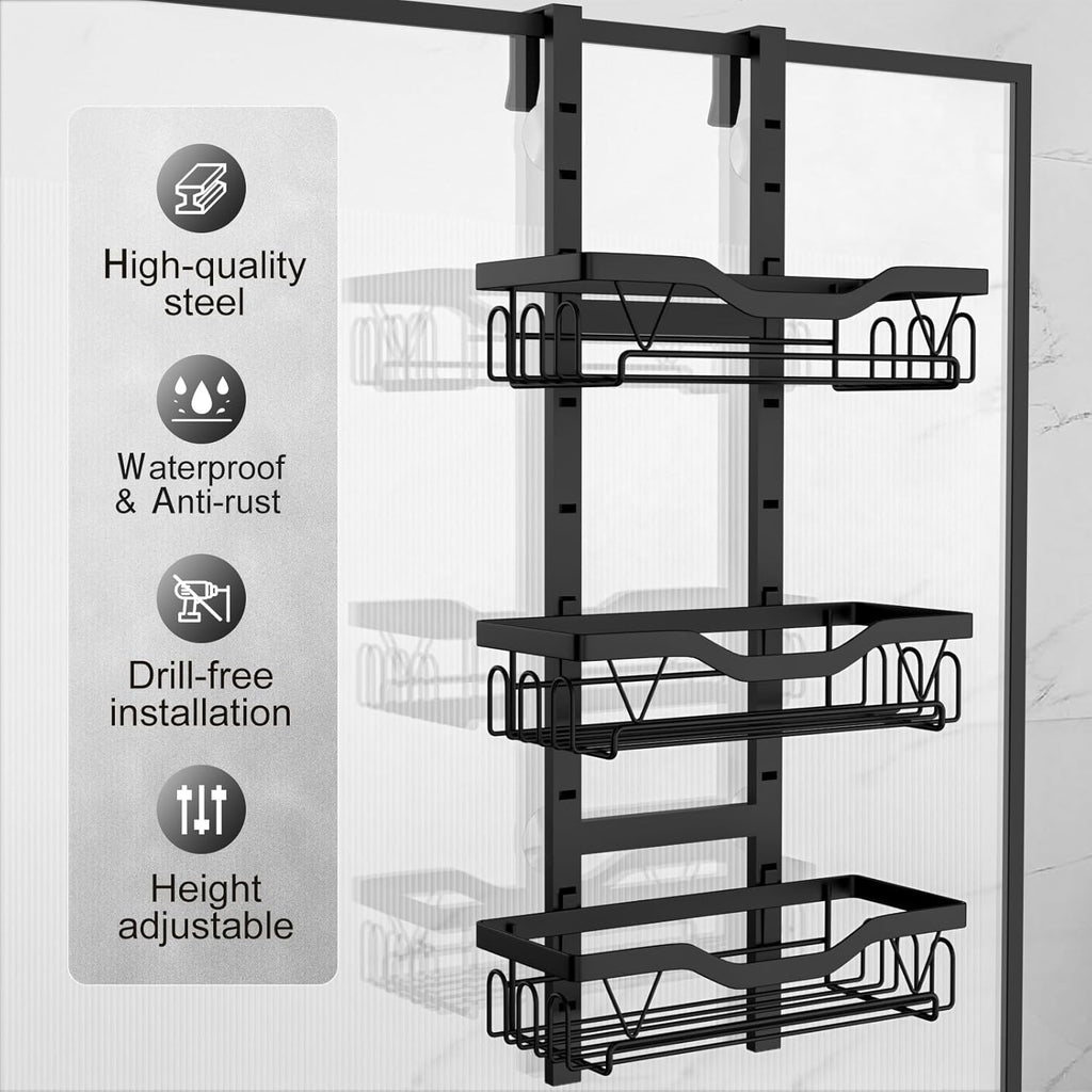 Hanging Shower Caddy, Over Door Shower Shelf 3 Layers, Bathroom Shelves No Drilling (Black - 3 layers)
