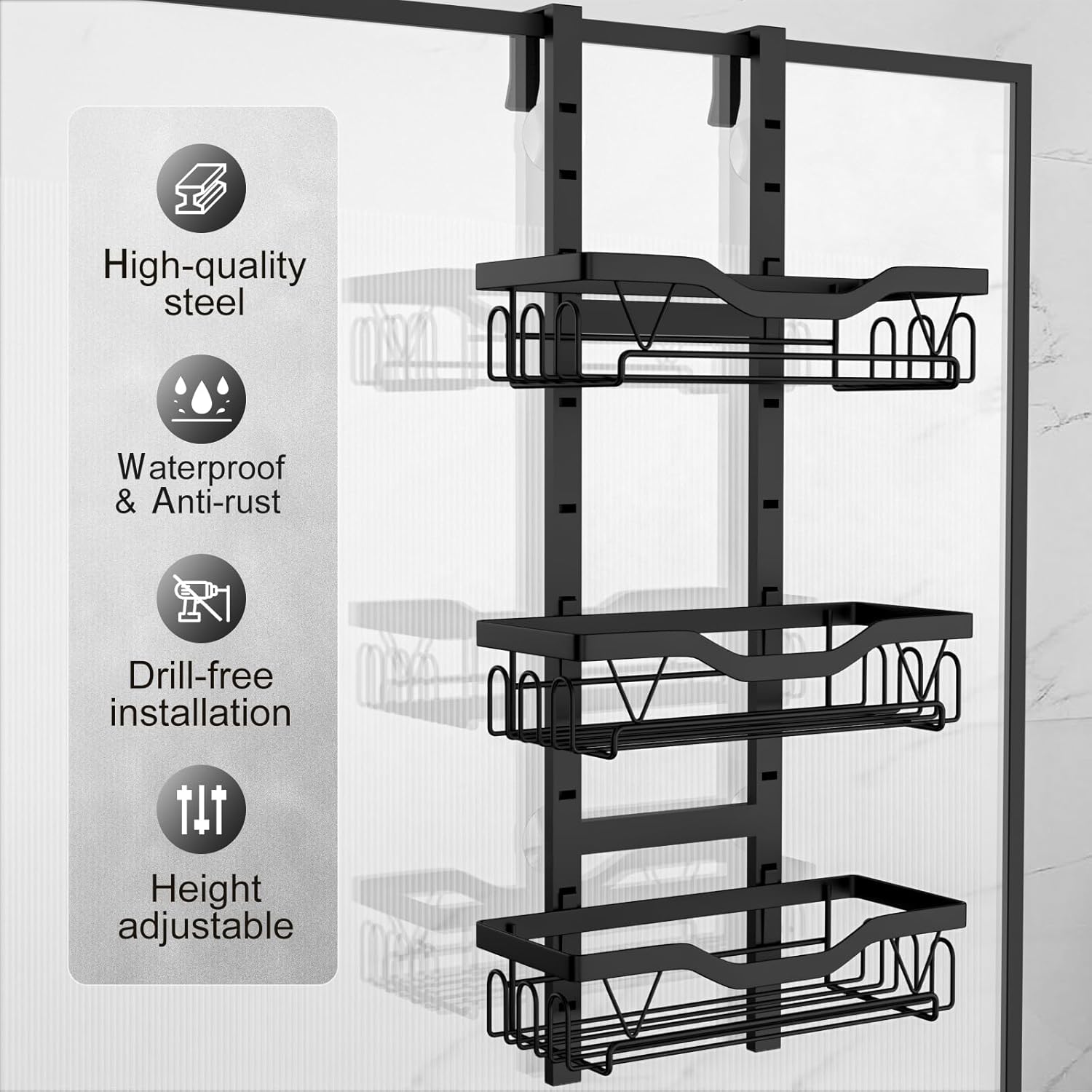 Hanging Shower Caddy, Over Door Shower Shelf 3 Layers, Bathroom Shelves No Drilling (Black - 3 layers)