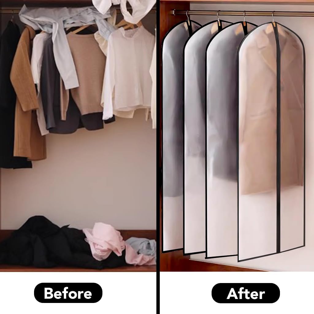 Garment Bags,5PCS Dustproof Garment Covers PEVA Translucent Clothes Covers with Zip Moth Proof Suit Protector Bags Waterproof Dress Covers for Shirts Coats Costumes (60X140CM)