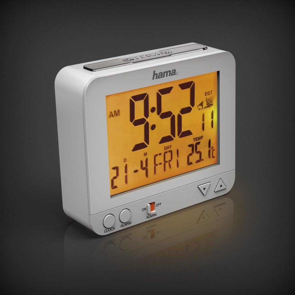 Radio-Controlled Alarm Clock RC550 (Sensor-controlled Night Light, Snooze, Temperature and Date Display) Plastic, White, 9.5 cm
