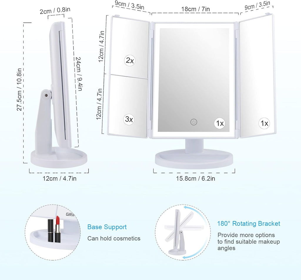 Vanity Makeup Mirror - Trifold Table Mirror with 32 LED Lights & 3X/2X/1X Magnification, Touch Screen, 360° Rotation, Two Power Supply - Gift for Women, White