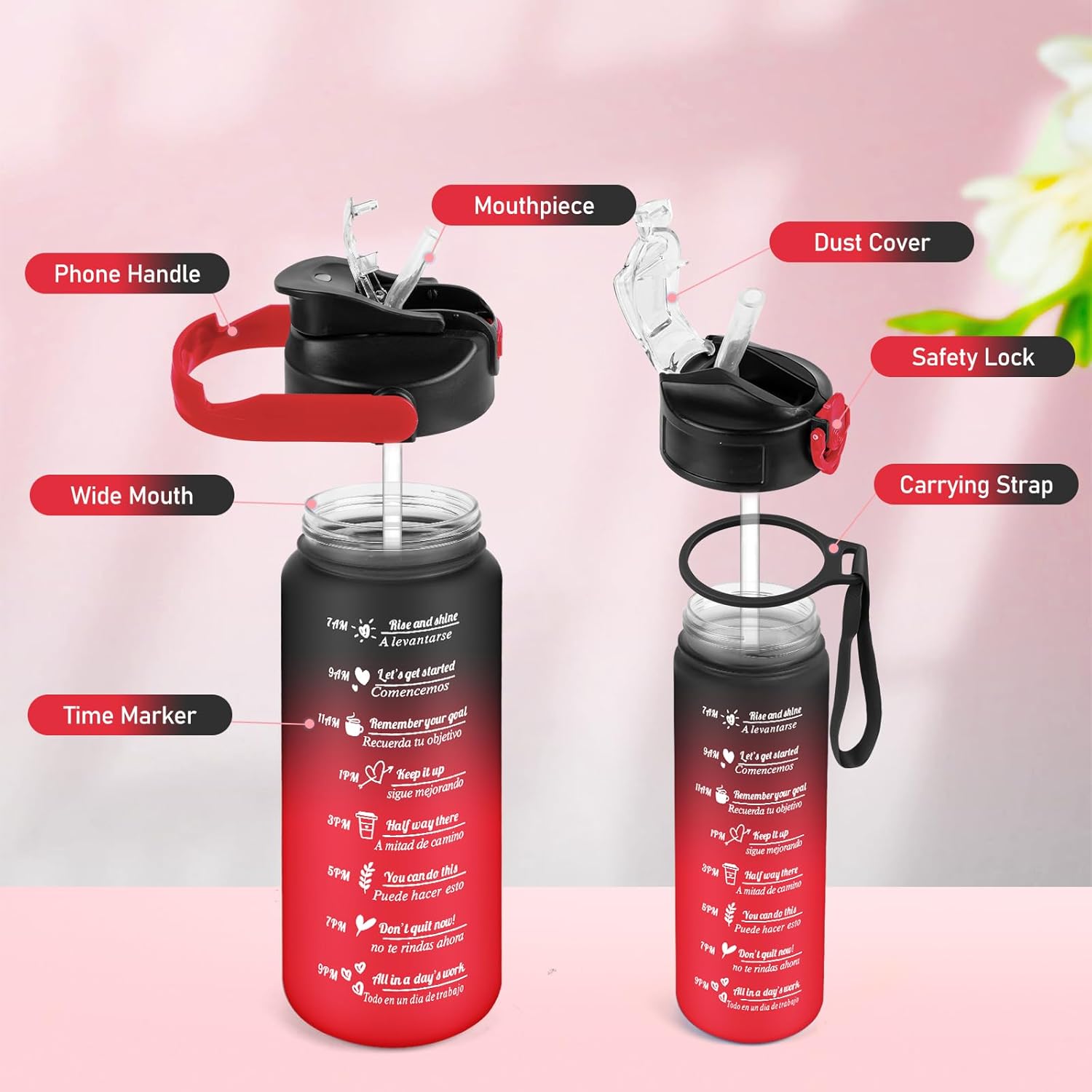 3 Pack Water Bottle BPA Free ,2L/800ML/300ML Sport Water Bottles with Straw & Brush,Motivational Time Markings, Leak-Proof, 2 Liters Gym Drinks Bottle for Adults Women, Running,Cycling -Black Red