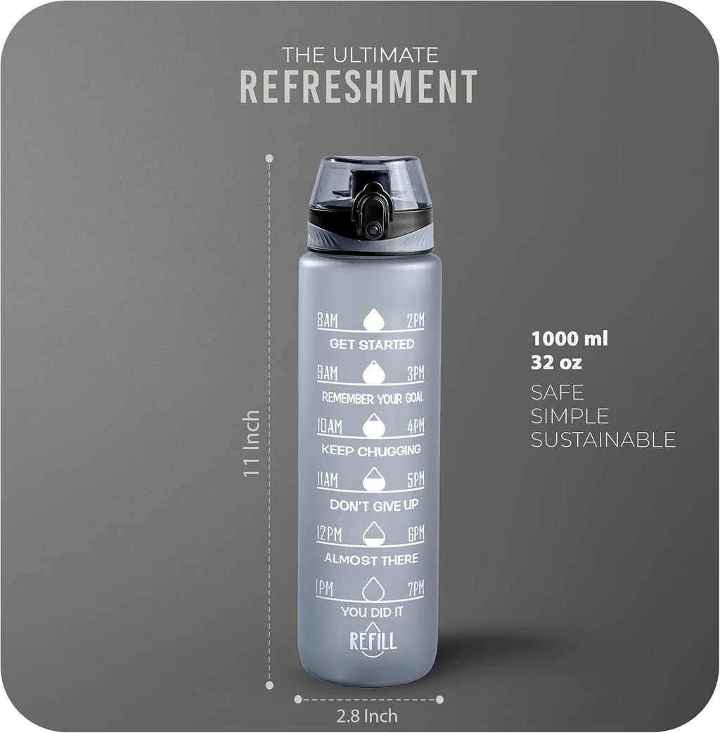 Water Bottle 1L, Sports Water Bottle with Time Markings, BPA-Free, Leak-Proof Drinks Bottle, Perfect for Running, Cycling, Gym, Yoga, Camping and Outdoor Activities, Grey