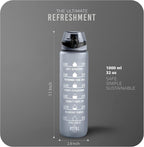 Water Bottle 1L, Sports Water Bottle with Time Markings, BPA-Free, Leak-Proof Drinks Bottle, Perfect for Running, Cycling, Gym, Yoga, Camping and Outdoor Activities, Grey