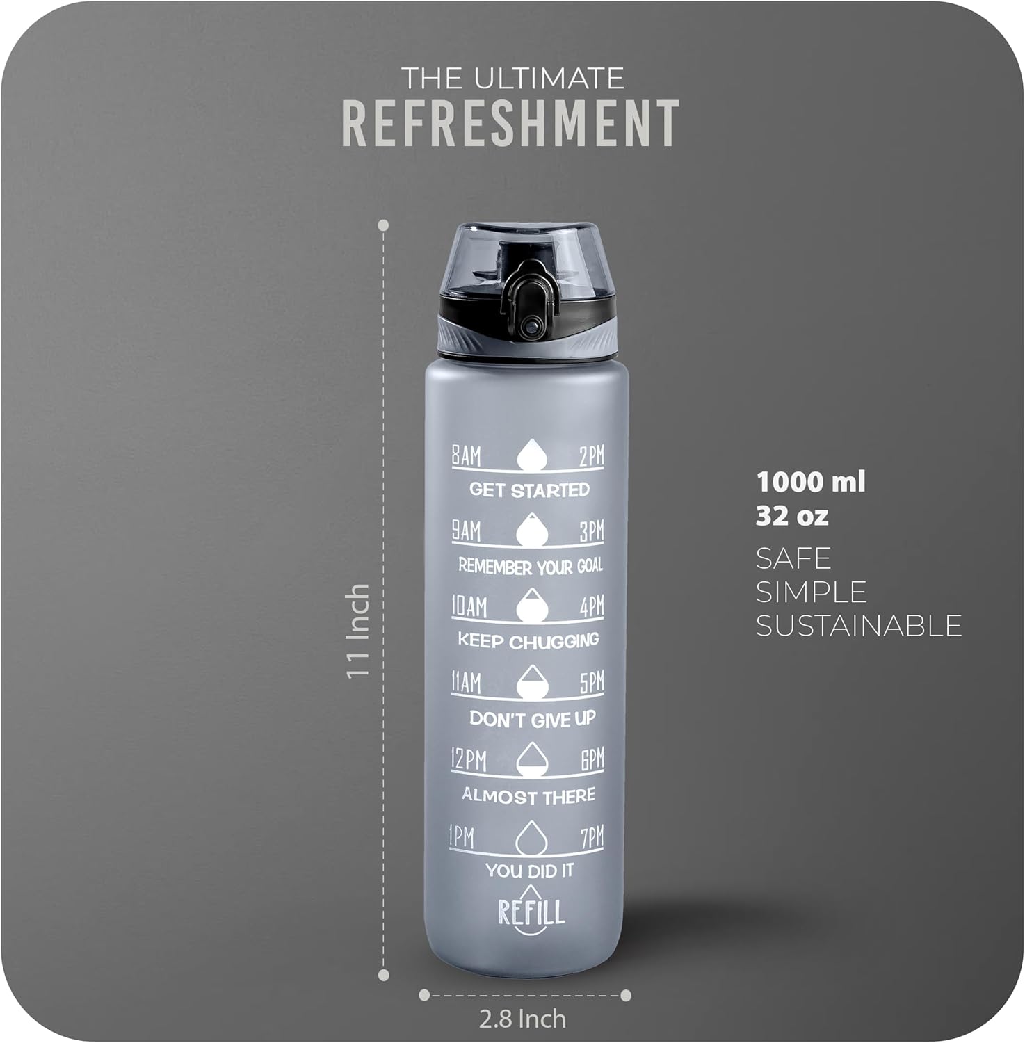 Water Bottle 1L, Sports Water Bottle with Time Markings, BPA-Free, Leak-Proof Drinks Bottle, Perfect for Running, Cycling, Gym, Yoga, Camping and Outdoor Activities, Grey