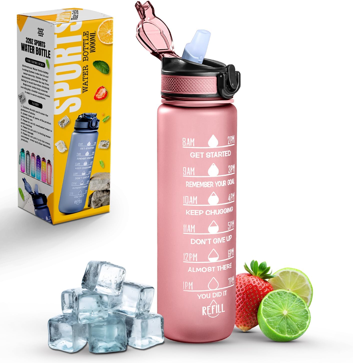 Sports Water Bottle with Straw and Time Marking, and 32OZ Capacity - Motivational and Eco-Friendly BPA-Free Bottle for Running, Gym, Yoga, Outdoors, and Camping (Style-1, Pink) Main image