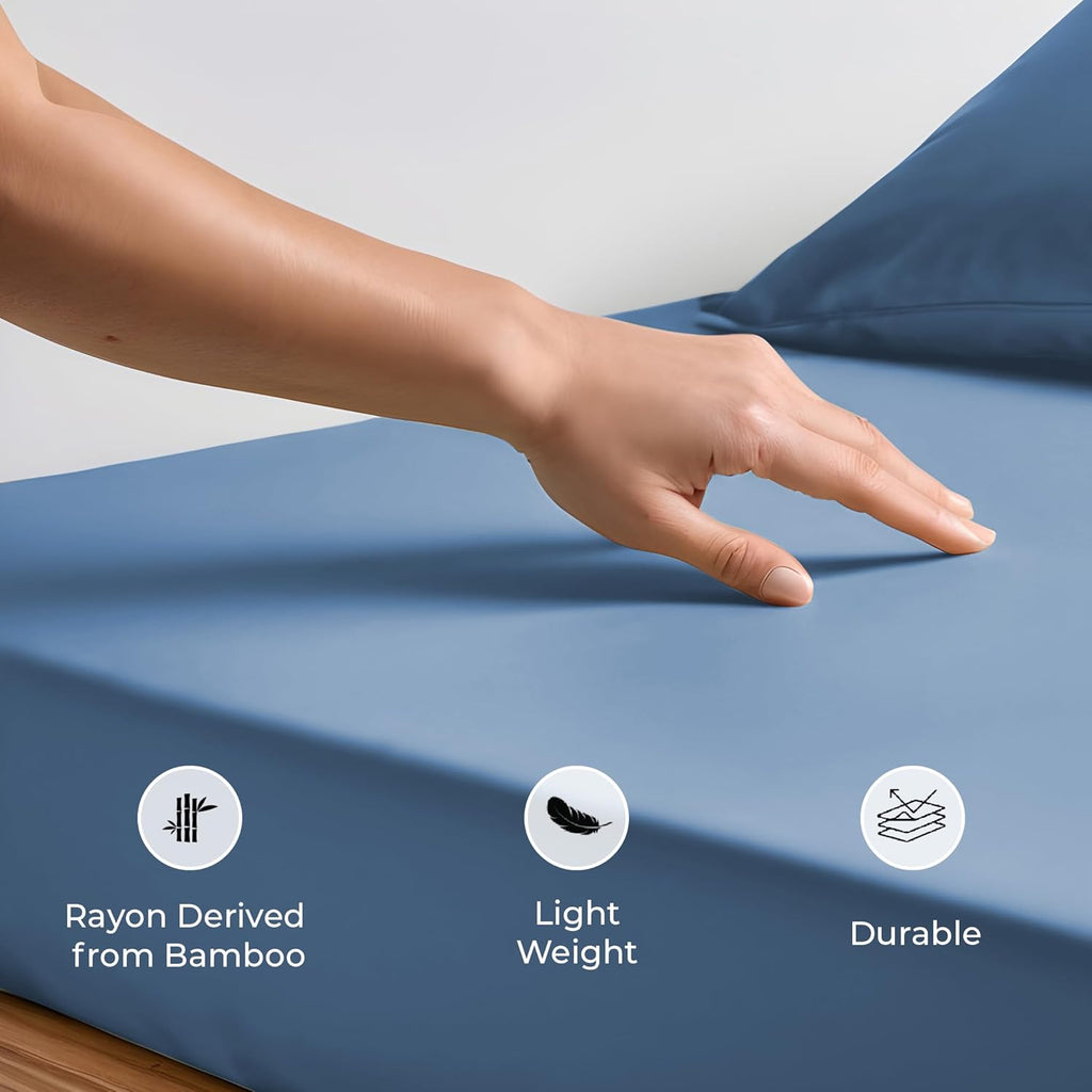Double Fitted Sheet 140x190 cm, 100% Organic Bamboo Silk Bed Sheet for Double Size Bed, Up to 40 cm Deep Pocket Bottom Sheet, Soft, Cooling Hypoallergenic Bedding (Bahamas Blue)