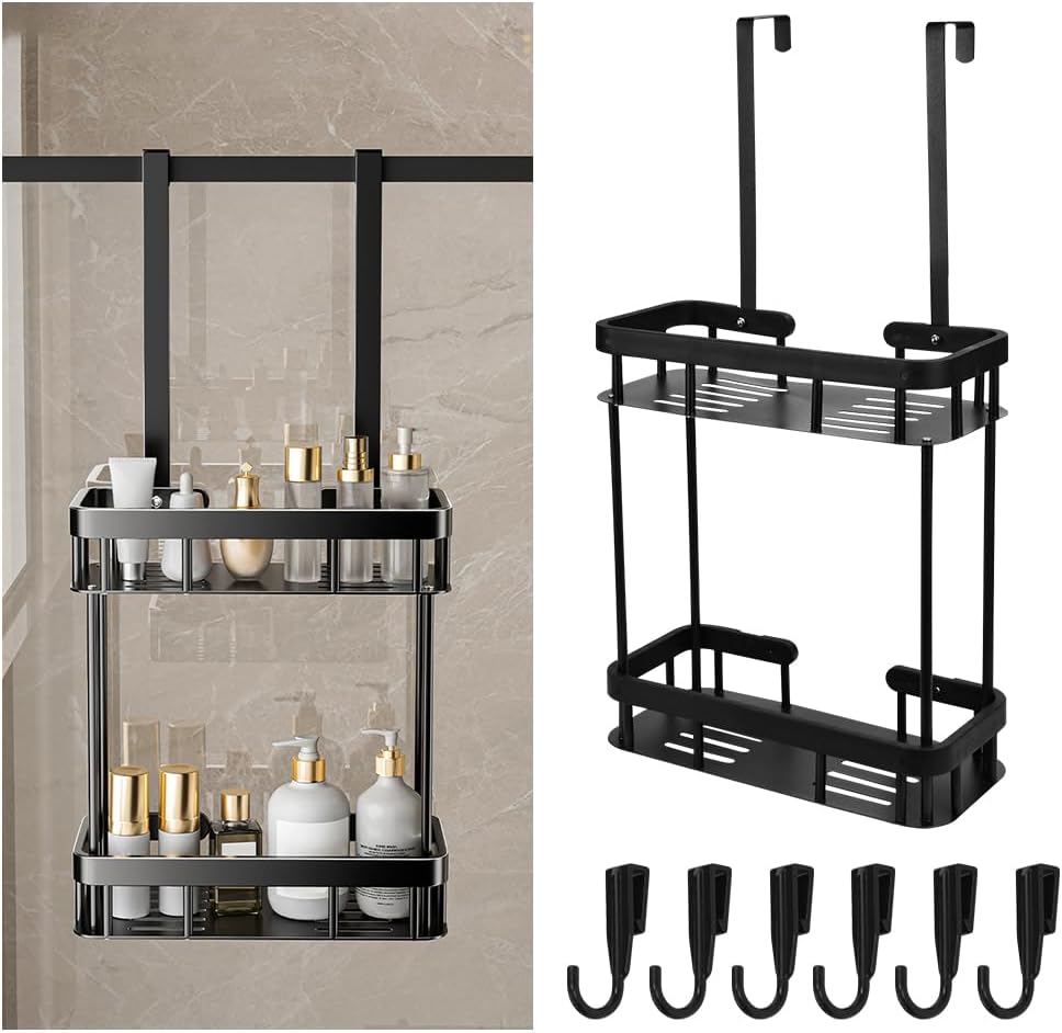 Shower Caddy Hanging, 2 Tier Over Door Shower Shelf No Drilling Showers Organiser Hanging Storage Rack Holder Showers Basket Organizer with 6 Hooks for Bathroom Shampoo Gel, Black Main image
