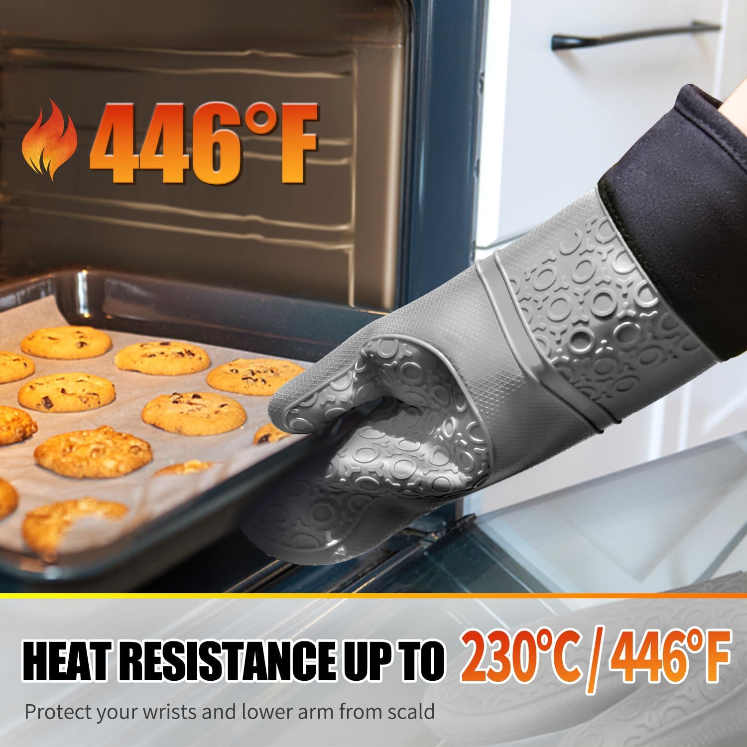 Oven Gloves, Sopito Set of 6 Silicone Oven Mitts 446°F Heat Resistant with Pot Holders for Kitchen Baking Grilling Microwave, Grey Secondary image