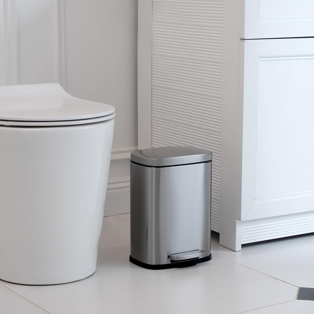 Smudge Resistant Mini Rectangular Trash Can With Soft-Close Foot Pedal, Brushed Stainless Steel, for Bathroom & small space, 5 L /1.32 Gal, Satin Nickel Finish, 7.3x8.5 x11.8 in (LxWxH)