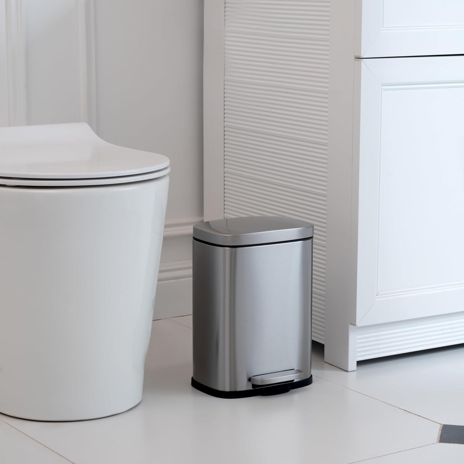 Smudge Resistant Mini Rectangular Trash Can With Soft-Close Foot Pedal, Brushed Stainless Steel, for Bathroom & small space, 5 L /1.32 Gal, Satin Nickel Finish, 7.3x8.5 x11.8 in (LxWxH)