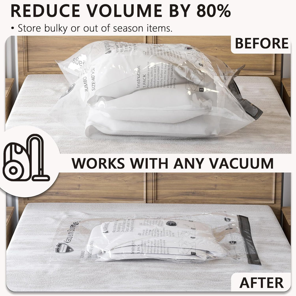Vacuum Storage Bags 8 Jumbo, Space Saver Bags with Travel Hand Pump, Compression Airtight Sealer Bags for Clothes, Bedding, Pillows, Comforters, Blankets