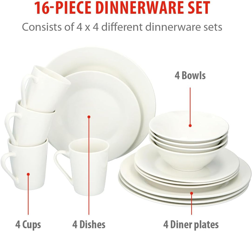 alpina Dinner Set for 4 People - Plates and Bowls Set - Earthenware Tableware - Dinner Plates, Dessert Plates, Bowls and Mugs - Microwave and Dishwasher Safe - White