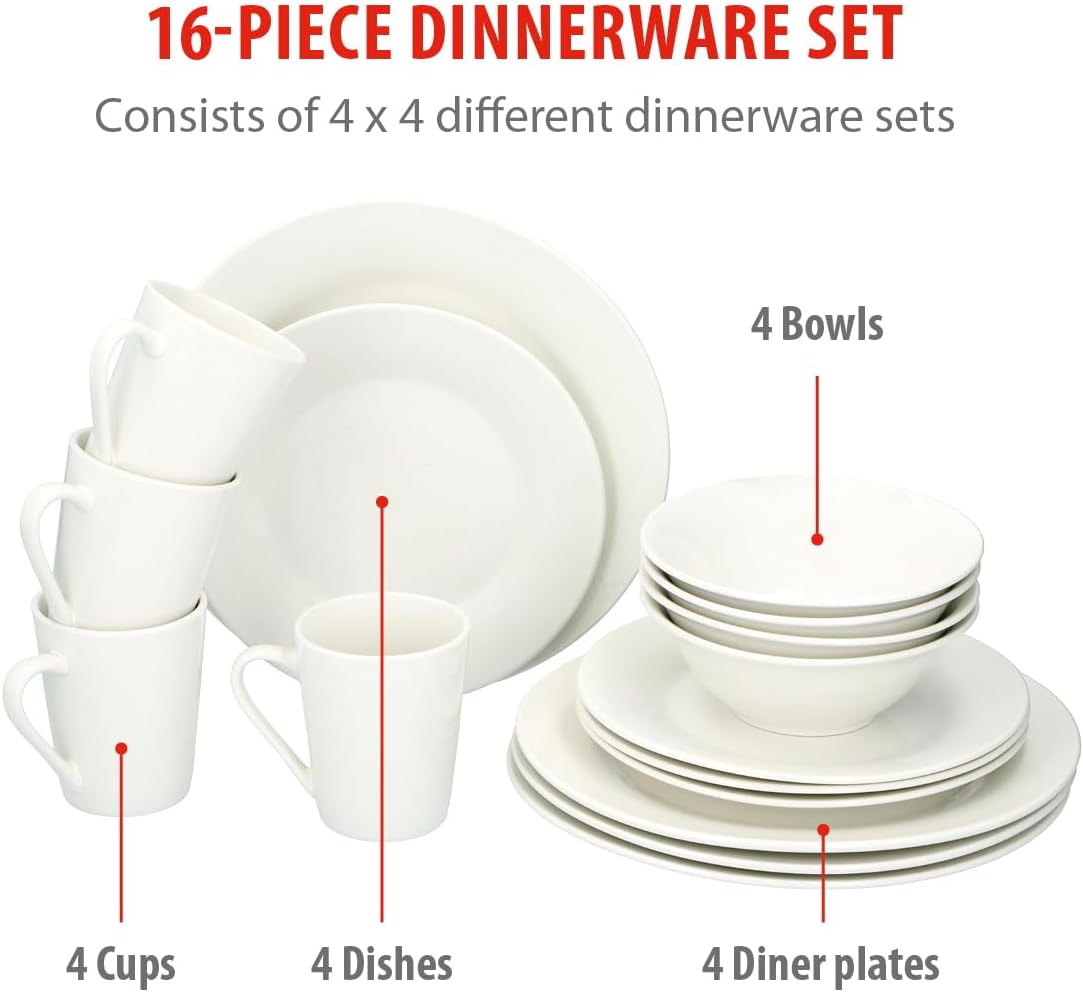 alpina Dinner Set for 4 People - Plates and Bowls Set - Earthenware Tableware - Dinner Plates, Dessert Plates, Bowls and Mugs - Microwave and Dishwasher Safe - White