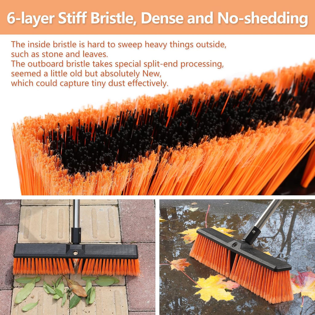 18IN Garden Broom Outdoor Heavy Duty with Long Handle(64IN), Hard Yard Sweeping Brush with Stiff Bristle, Patio Large Brooms Outside, Industrial Wide Brushes Set, Strong Deck Cleaning Tool
