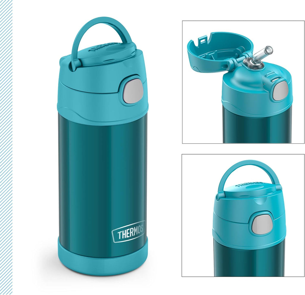 THERMOS Kids FUNTAINER Straw Bottle 0.35 L, Ocean Teal, thermos Flask for Children, Made of Stainless Steel, with Straw, 12 Hours Cold, Absolutely Leak-Proof, for School, Nursery, Break