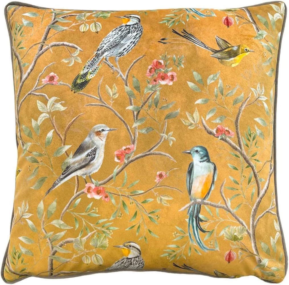 Wylder Tropics Orient Cushion Cover – Velvet Chinoiserie Birds Floral Design (Gold – 43 x 43 cm)