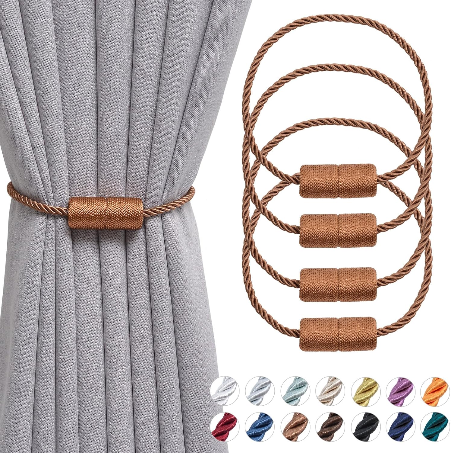 4 Pack Magnetic Curtain Tiebacks 16 Inch Handmade Weave Side Rope Curtain Holdbacks Convenient Decorative Cylinder Curtain Drape Tie Backs for Home & Office Window Drapery (Light Coffee)