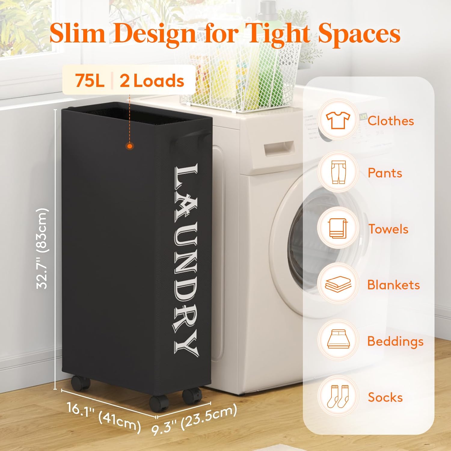 Lifewit Slim Rolling Laundry Basket with Wheels, 75L Collapsible Tall Laundry Basket with Handles, 2 Packs Narrow Laundry Room Organization for Laundry Room Dorm Bathroom Bedroom, Black