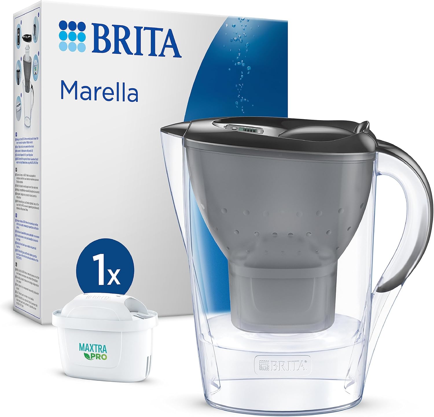Marella Water Filter Jug Graphite (2.4L) incl. 1x MAXTRA PRO Pure Performance cartridge - fridge-fitting jug with digital LTI and Flip-Lid - now in sustainable Smart Box packaging Main image