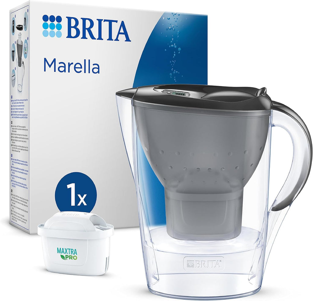 Marella Water Filter Jug Graphite (2.4L) incl. 1x MAXTRA PRO Pure Performance cartridge - fridge-fitting jug with digital LTI and Flip-Lid - now in sustainable Smart Box packaging