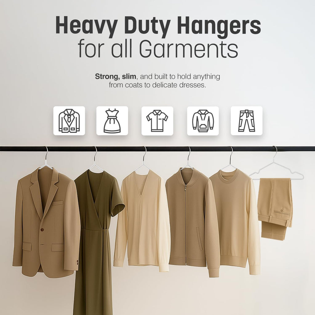 20x Premium Rubber Coated Metal Hangers - Heavy Duty - Space Saving Organiser Clothes Hangers For Wardrobes Coat Rack Rails (White)