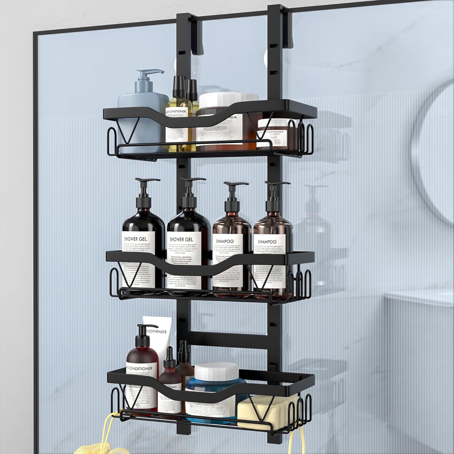 Hanging Shower Caddy, Over Door Shower Shelf 3 Layers, Bathroom Shelves No Drilling (Black - 3 layers) Main image