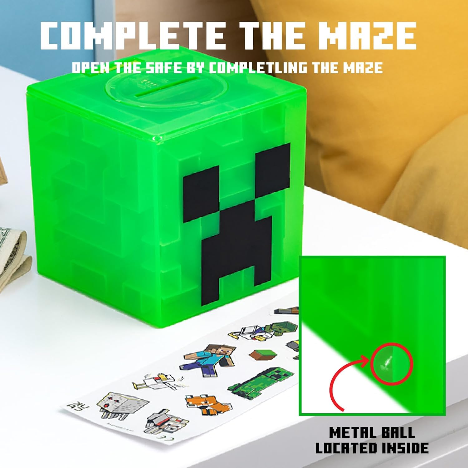 Minecraft Creeper Maze Safe - Officially Licensed Piggy Bank, Complete The Maze to Unlock Money, Collectible Includes with Decorative Stickers, Gift for Gamers | Paladone