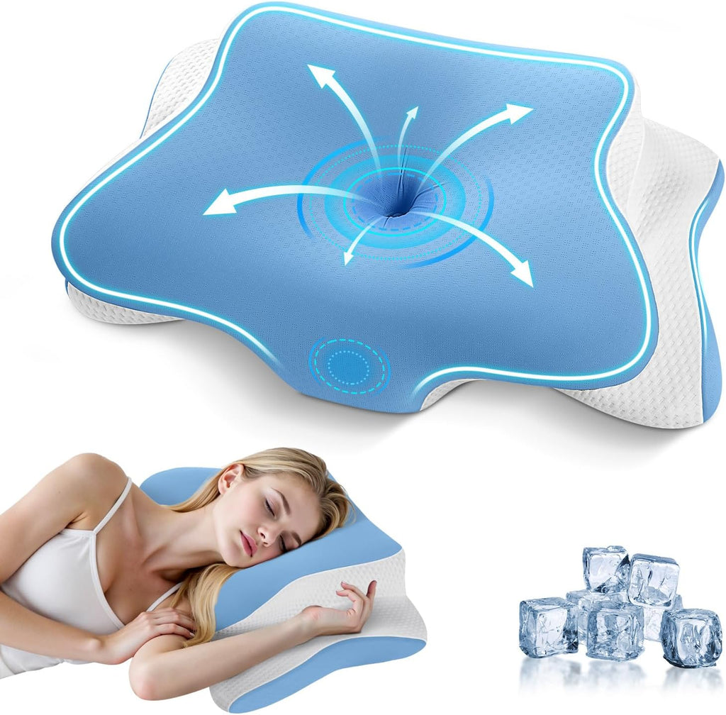 Memory Foam Pillow, Orthopedic Ergonomic Pillows for Neck and Shoulder Pain, Cervical Neck Support for Side/Back/Stomach Sleepers, with Cooling Washable Silk Pillowcase, Blue