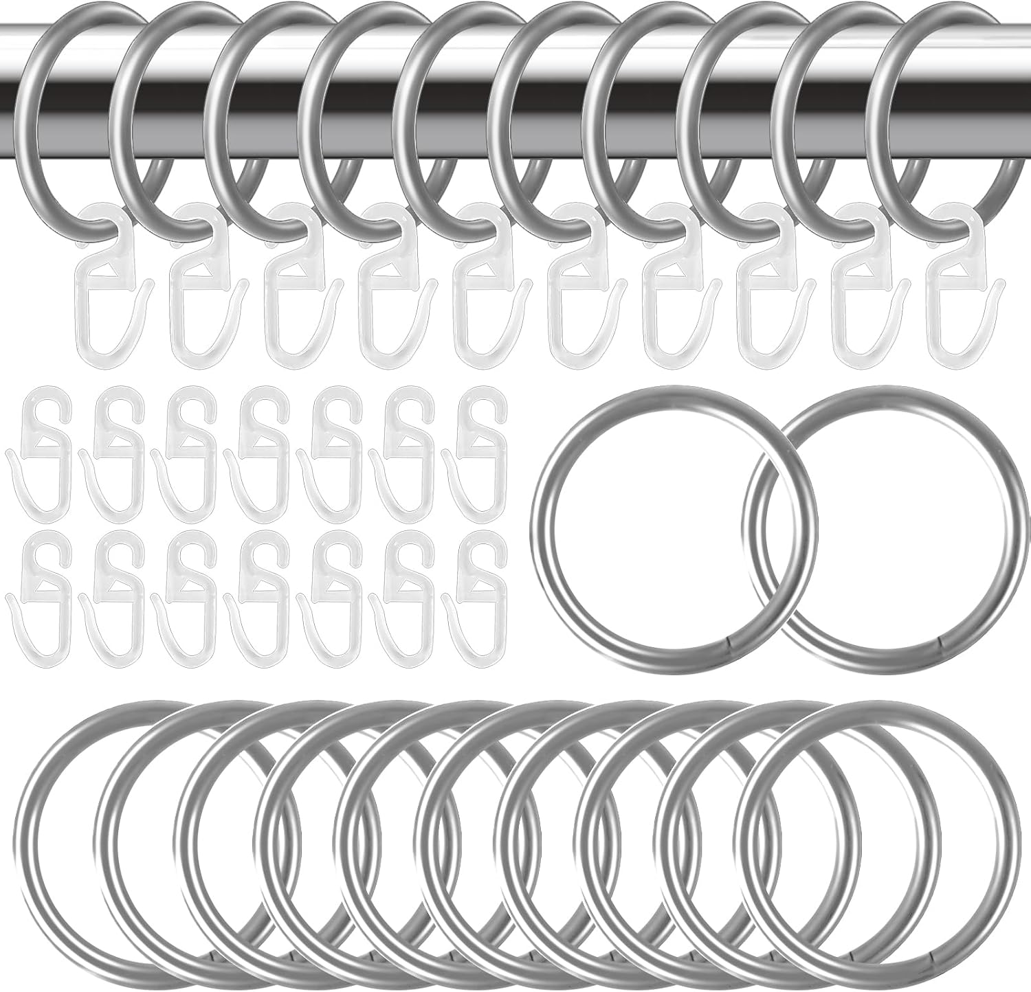 40 Pcs Silver Curtain Rings with hooks 30 mm, Curtain Clip Ring, 80 Pcs Silent Curtain Hooks, Metal Curtain Rings Stainless Steel, Curtain Hooks for Home Window Rod Decoration