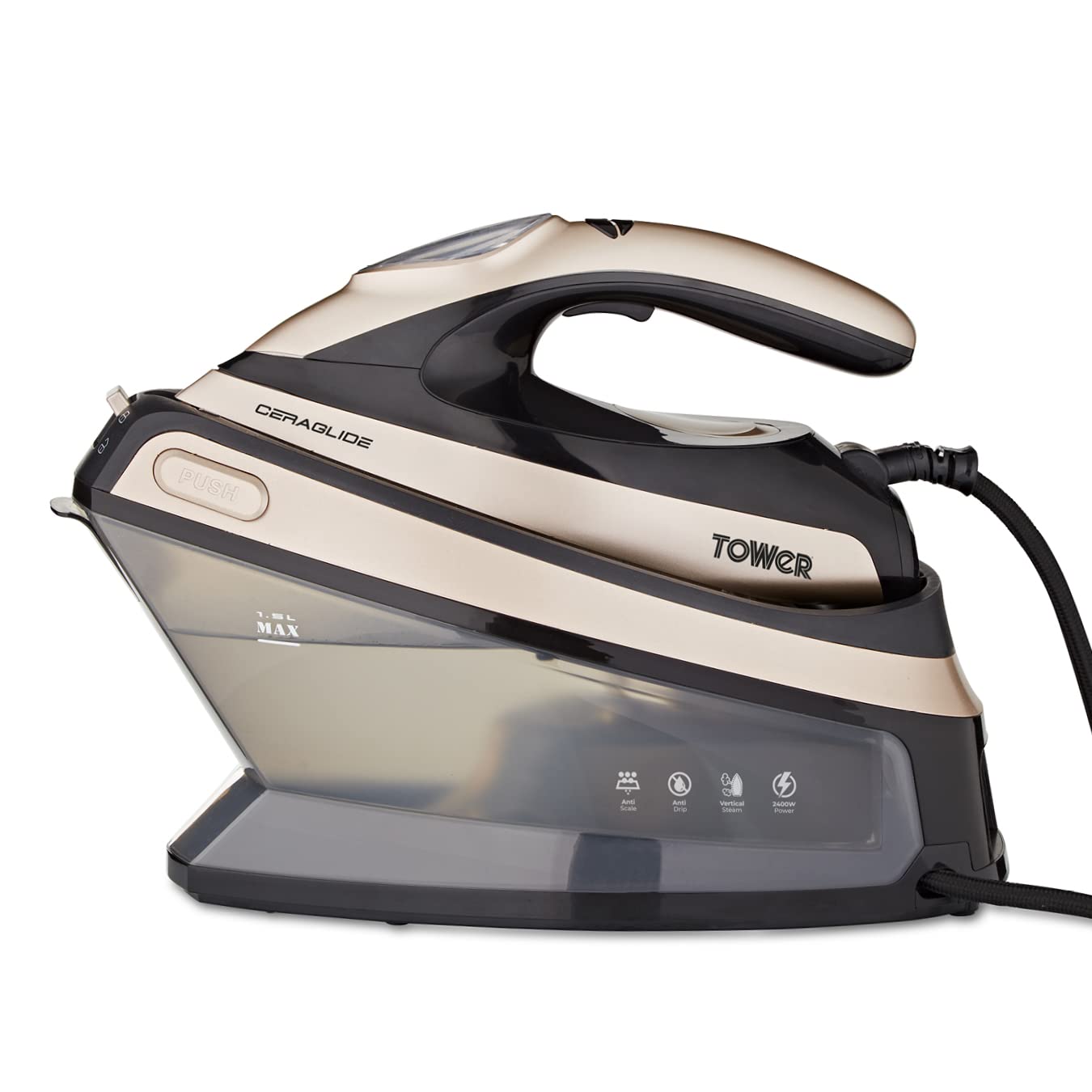 T22024GLD Ceraglide Steam Generator with 135g/min Continuous Steam, 3 Steam Settings, Fast Heat Up, Self Clean Mode, 1.5L Tank Capacity, Champagne Gold & Black, 2400W Main image