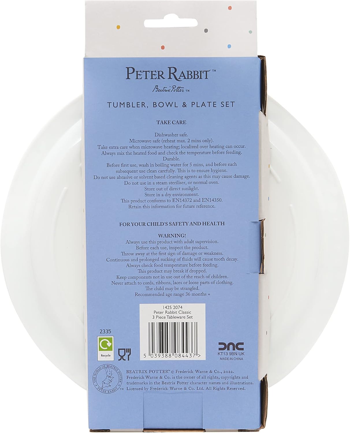 Peter Rabbit Kids Tableware Set – 3 Piece Reusable PP Plate,Tumbler & Dinnerware Set for Mealtimes – for 24 Months & Up,Blue & White