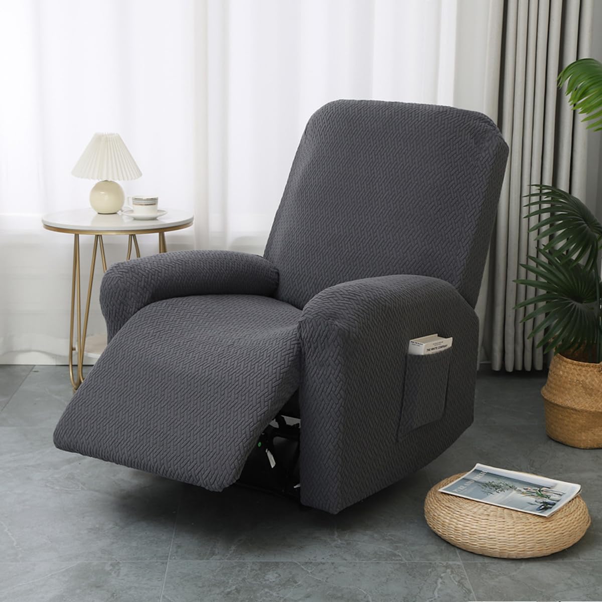 1 Seater Jacquard Recliner Chair Cover, Recliner Slipcover for Electric Chair with Pockets, 4 Pieces Stretch Recliner Sofa Covers, Non-Slip Armchair Covers, Sofa Slipcovers Protector-Dark Gray Main image