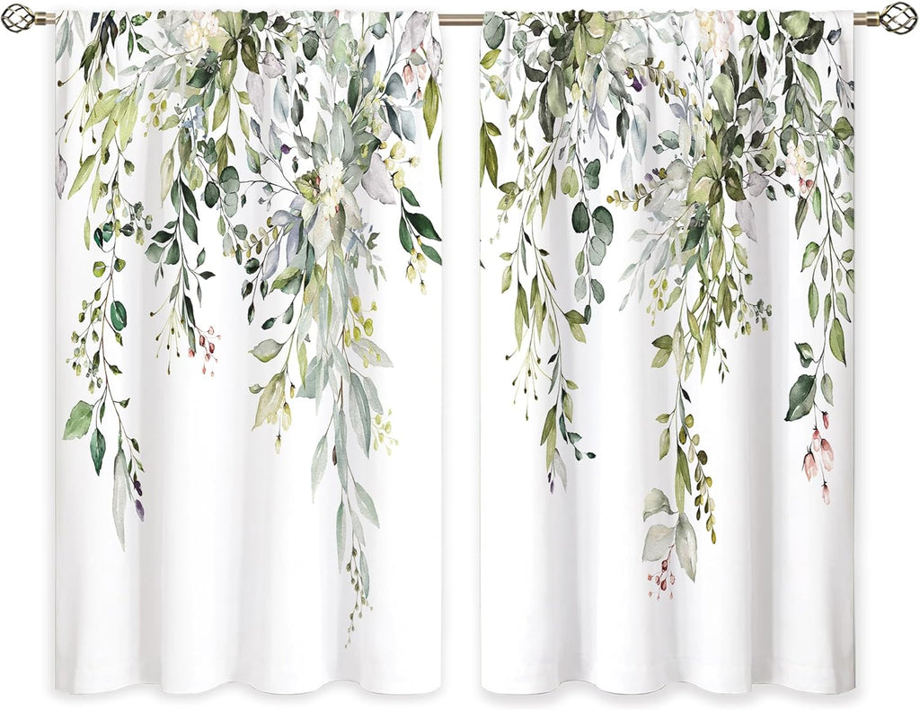Eucalyptus Botanical Leaves Floral Kitchen Window Curtains Over Sink Boho Farmhouse Flower Leaf Small Window Treatment Sage Green Cafe Short Curtains for Bathroom Tier Drapes 27.5x39 inch