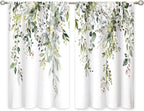 Eucalyptus Botanical Leaves Floral Kitchen Window Curtains Over Sink Boho Farmhouse Flower Leaf Small Window Treatment Sage Green Cafe Short Curtains for Bathroom Tier Drapes 27.5x39 inch