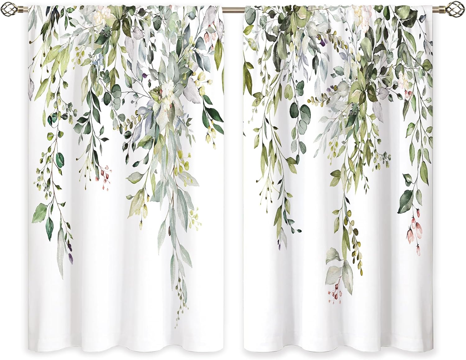 Eucalyptus Botanical Leaves Floral Kitchen Window Curtains Over Sink Boho Farmhouse Flower Leaf Small Window Treatment Sage Green Cafe Short Curtains for Bathroom Tier Drapes 27.5x39 inch