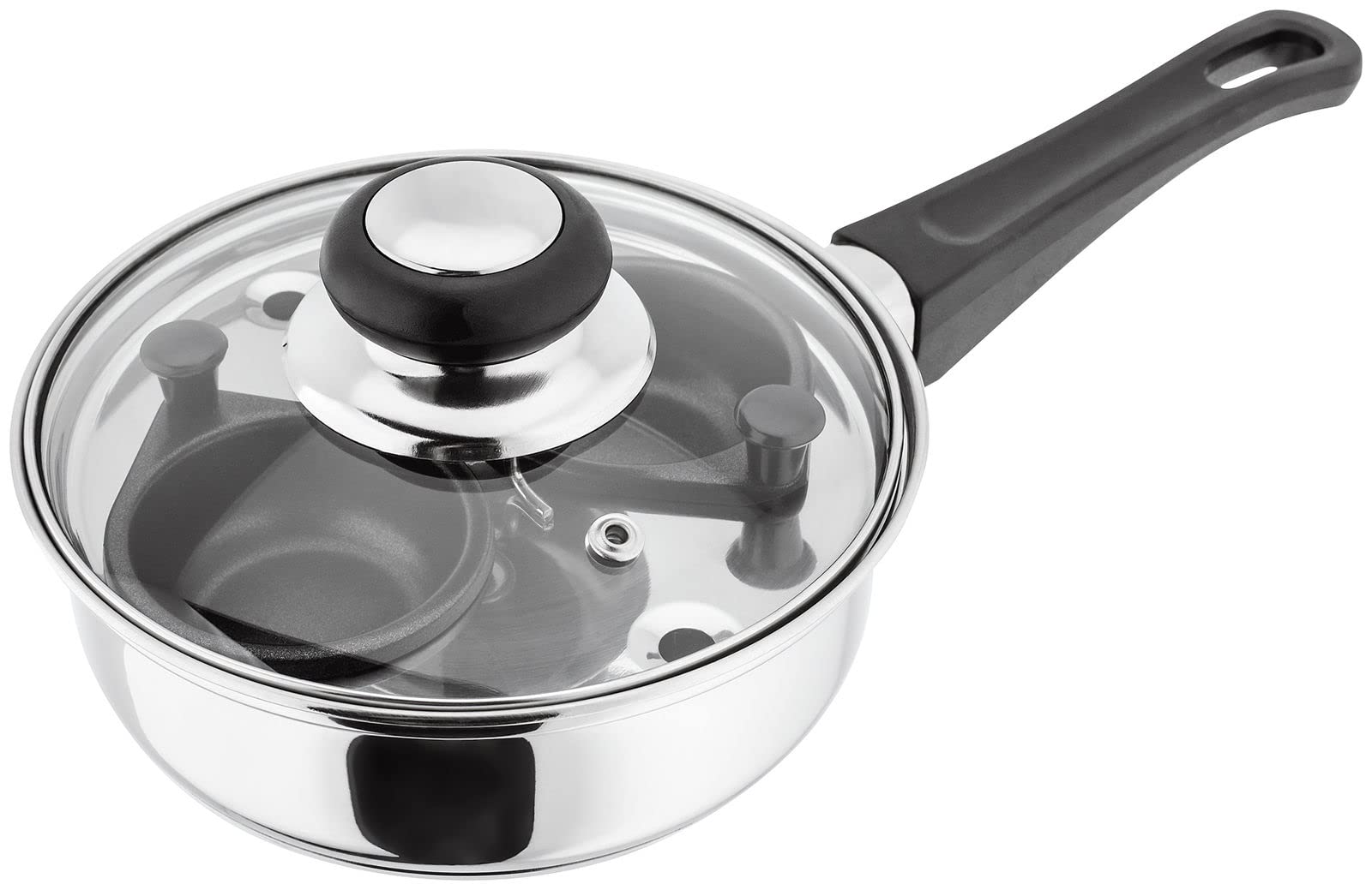 Essentials Two Cup Egg Poacher and Stainless Steel Frying Pan, 16cm, Vented Glass Lid and Stay-Cool Handle Main image