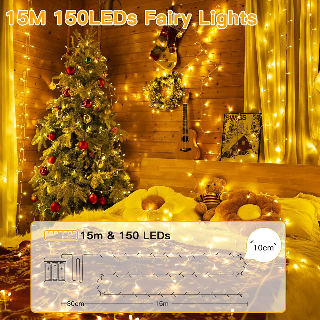 Fairy Lights Battery Operated, 15m 150 LEDs Christmas Tree Light Battery Powered Outdoor Decoration, Warm White Waterproof Xmas Lighting with 8 Modes/Timer for Indoor Outside Bedroom Garden