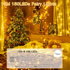 Fairy Lights Battery Operated, 15m 150 LEDs Christmas Tree Light Battery Powered Outdoor Decoration, Warm White Waterproof Xmas Lighting with 8 Modes/Timer for Indoor Outside Bedroom Garden