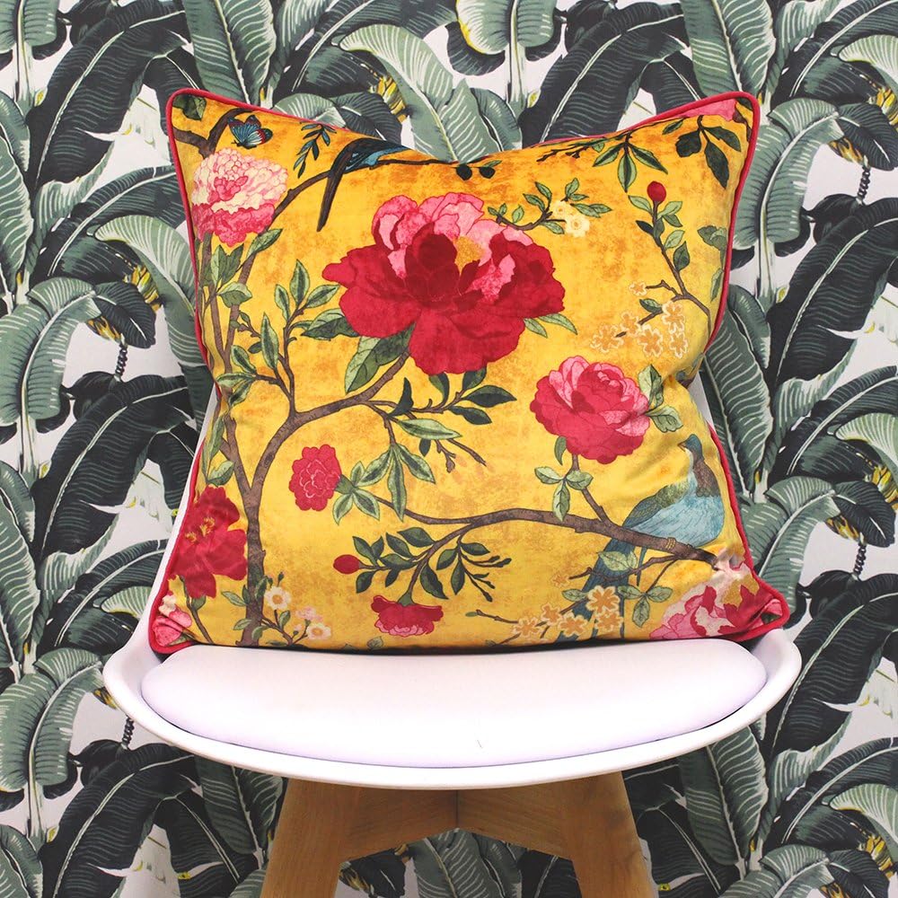 Paoletti Chinoiserie Cushion Cover - Floral Bird Print 100% Polyester Machine Washable Fabric (Gold Yellow - 50 x 50cm)